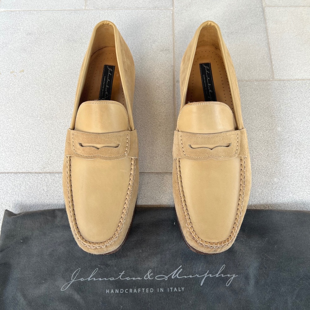 Johnston & Murphy Men’s Tan Suede & Calfskin Loafers – Size 12 M – Made in Italy